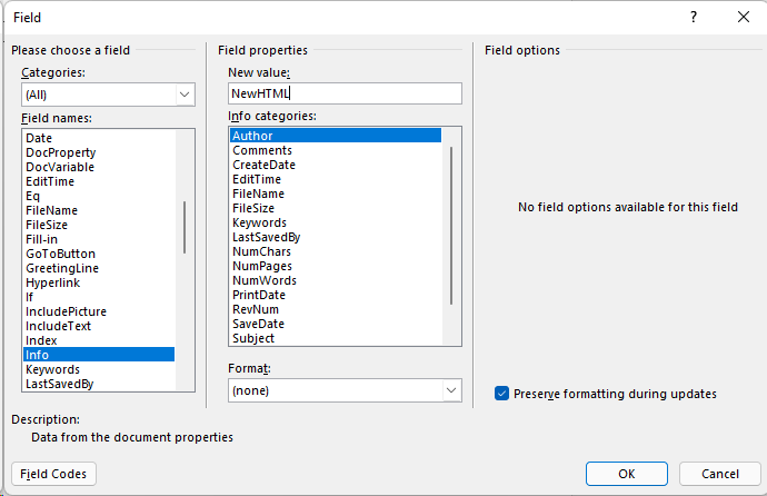 Word Field Properties