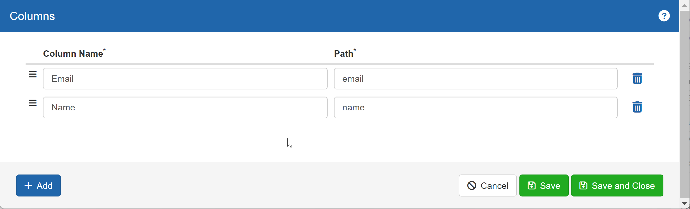 set table output columns example